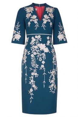 Hobbs Siobhan Floral Embroidered Sleeve Dress Blue Ivory