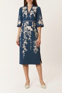 Hobbs Siobhan Floral Embroidered Sleeve Dress Blue Ivory