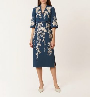 Hobbs Siobhan Floral Embroidered Sleeve Dress Blue Ivory