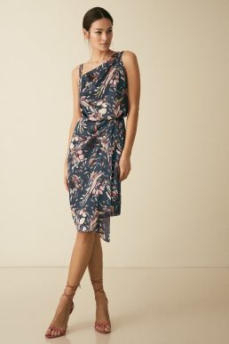 Reiss Ostia Printed One Shoulder Cocktail Dress Multi Blue