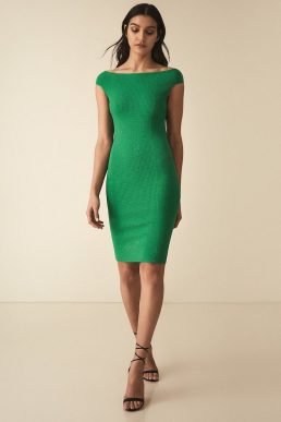 Reiss Pippa knitted bardot bodycon dress green