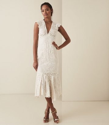 Reiss Anastasia lace overlay flute hem midi dress Neutral white cream