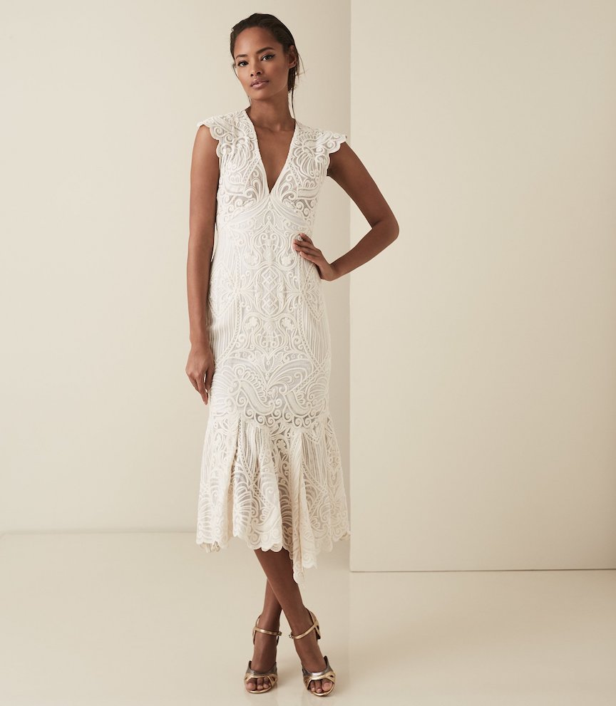 Reiss Anastasia lace overlay flute hem midi dress, Neutral/white