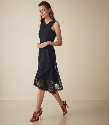 Reiss Rayna wrap front lace dress Navy Blue