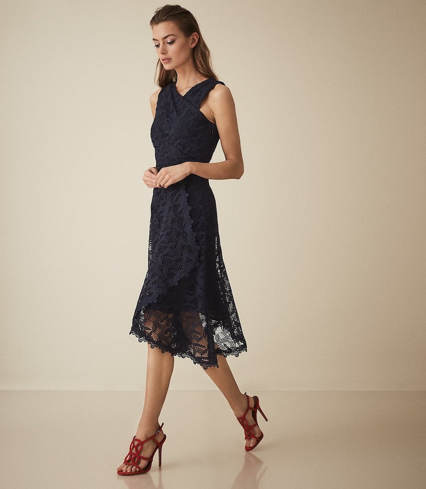 Reiss Rayna wrap front lace dress Navy Blue myonewedding