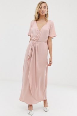 Vila wrap maxi dress with pleat detail Blush Pale Pink