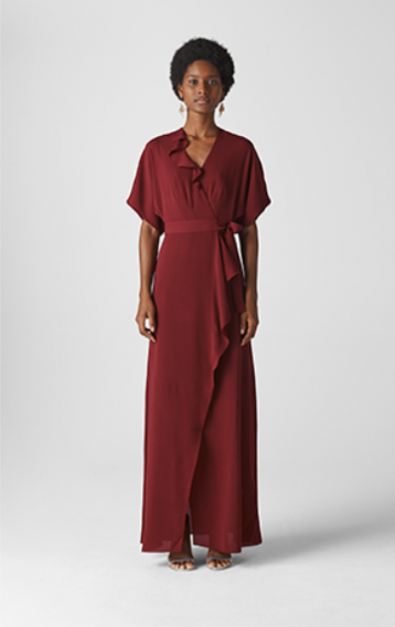 Whistles Nova Frill Wrap Maxi Bridesmaid Dress Burgundy