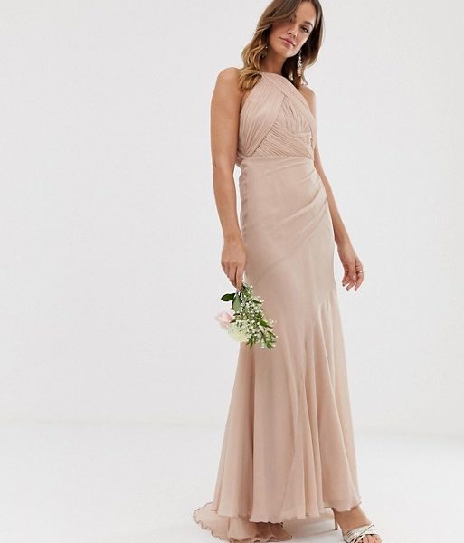 asos design bridesmaid maxi bandeau dress with soft layered skirt