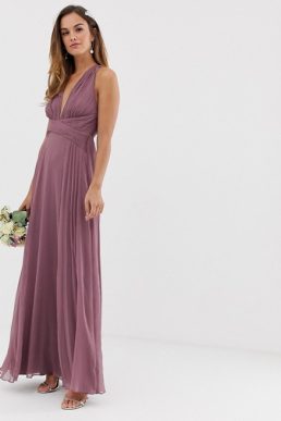 ASOS DESIGN Bridesmaid ruched bodice maxi dress with wrap waist Dusty Purple