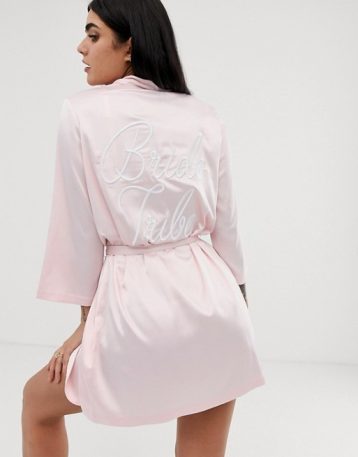 ASOS DESIGN satin bridesmaid robe with embroidery pink blush