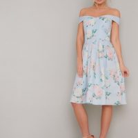 Chi Chi Safron Floral Bardot Dress Pale Blue Multi myonewedding