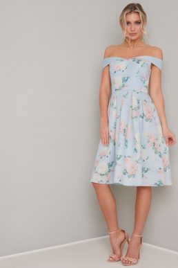 Chi Chi Safron Floral Bardot Dress Pale Blue Multi