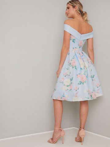 Chi Chi Safron Floral Bardot Dress Pale Blue Multi