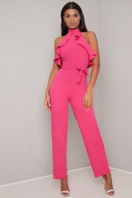 Chi Chi Shellie Frill Halter Jumpsuit Hot Neon Pink