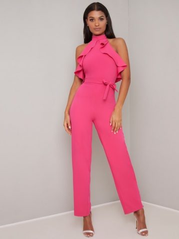 Chi Chi Shellie Frill Halter Jumpsuit Hot Neon Pink