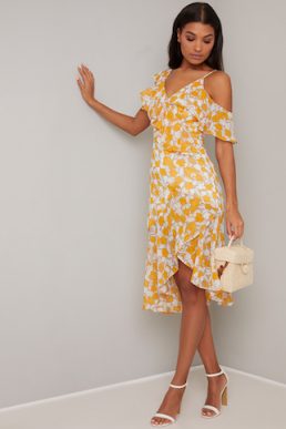 Chi Chi Sunny Floral Cold Shoulder Dress Yellow White