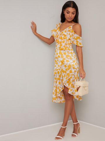 Chi Chi Sunny Floral Cold Shoulder Dress Yellow White