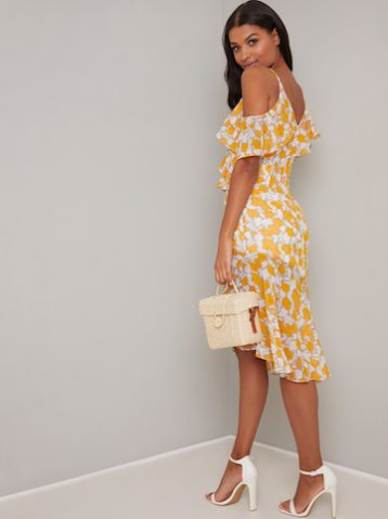 Chi Chi Sunny Floral Cold Shoulder Dress Yellow White