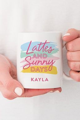 Custom White Ceramic Coffee Mug – Lattes And Sunny Days Print