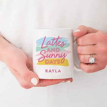 Custom White Ceramic Coffee Mug – Lattes And Sunny Days Print