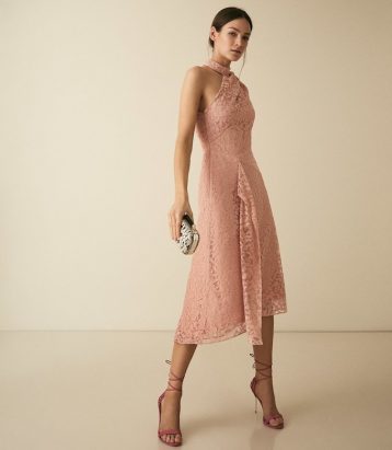 Reiss Stephie Asymmetric Lace Dress Blush Pink