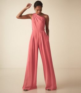 Reiss Polly asymmetric shoulder wide leg jumpsuit, Coral/Pink