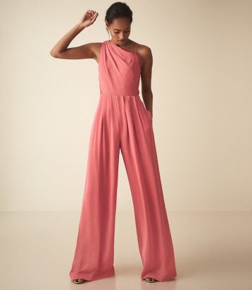 Reiss Polly asymmetric shoulder wide leg jumpsuit Coral Pink