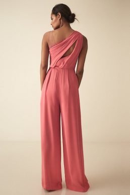 Reiss Polly asymmetric shoulder wide leg jumpsuit Coral Pink