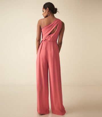 Reiss Polly asymmetric shoulder wide leg jumpsuit Coral Pink