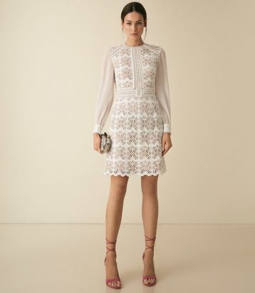 Reiss Aria sleeve geometric lace dress with sheer sleeves white cream