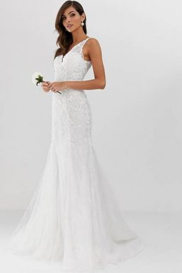 ASOS EDITION embroidered mesh over lace fishtail wedding dress Ivory
