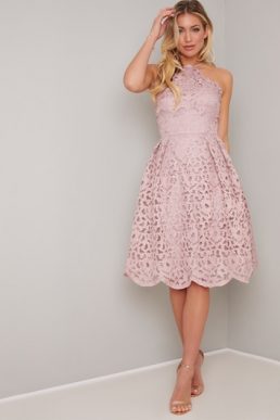 Chi Chi Claudelle Halter Lace Dress Pale Pink Blush