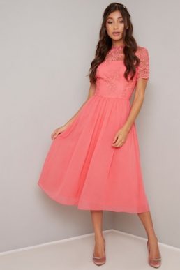 Chi Chi Kaytie Lace Midi Bridesmaid Dress Neon Coral