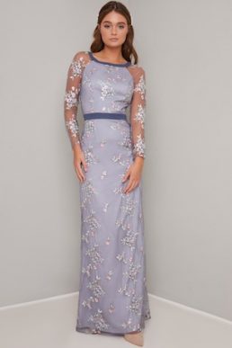 Chi Chi Kirsten Floral Embroidered Sleeve Maxi Dress Purple Multi