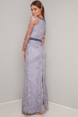 Chi Chi Kirsten Floral Embroidered Sleeve Maxi Dress Purple Multi