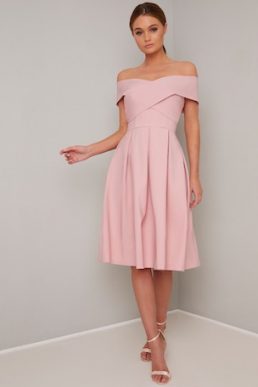 Chi Chi Oceanie Bardot Pleat Dress Pale Pink Blush