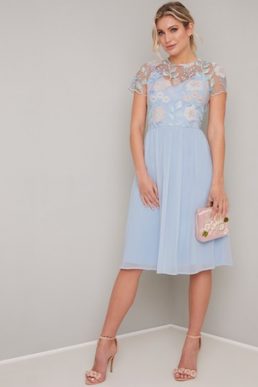 Chi Chi Rusa Floral Embroidered Sheer Dress Pale Blue Multi