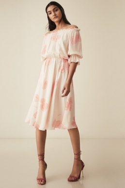 Reiss Floral Printed Bardot Midi Dress Peaches White Pink Cream