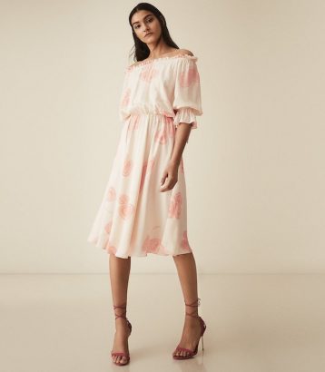 Reiss Floral Printed Bardot Midi Dress Peaches White Pink Cream