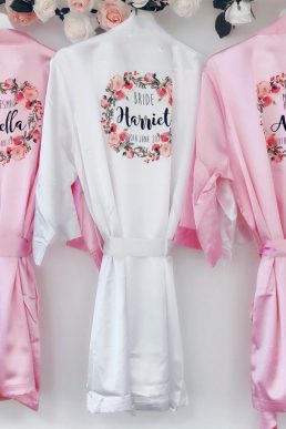 Florence Silk bridal robes with floral design, personalised satin bridesmaid robe