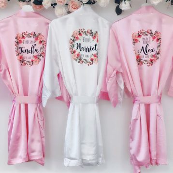 Florence Silk bridal robes with floral design, personalised satin bridesmaid robe