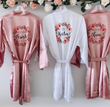 Florence Silk bridal robes with floral design, personalised satin bridesmaid robe