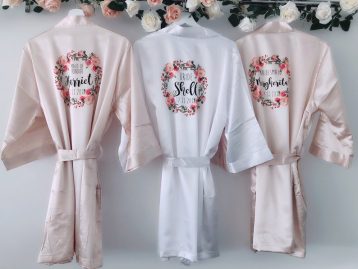 Florence Silk bridal robes with floral design, personalised satin bridesmaid robe