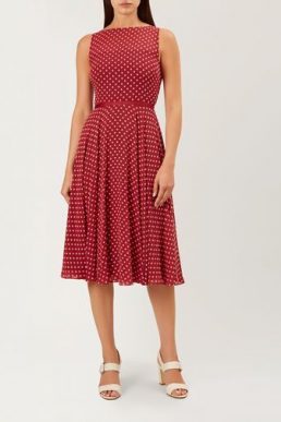 Hobbs Della Spot Midi Dress Burgundy White