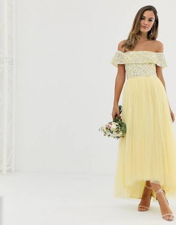 Maya Bridesmaid delicate sequin bardot high low maxi dress in lemon