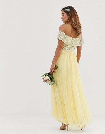 Maya Bridesmaid delicate sequin bardot high low maxi dress in lemon