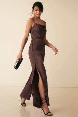 Reiss Arizona Satin Cowl Neck Jumpsuit Chocolate Brown