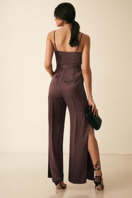 Reiss Arizona Satin Cowl Neck Jumpsuit Chocolate Brown