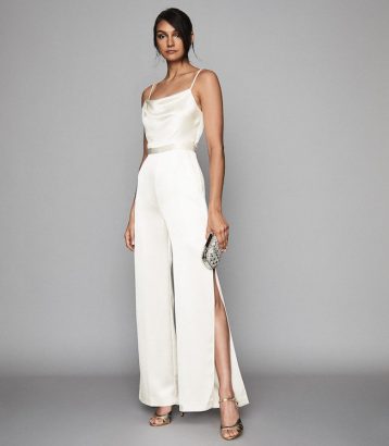 Reiss Arizona Satin Cowl Neck Jumpsuit Ivory Cream