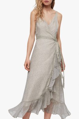 AllSaints Dayla Speckle Ruffle Dress Oyster White Silver